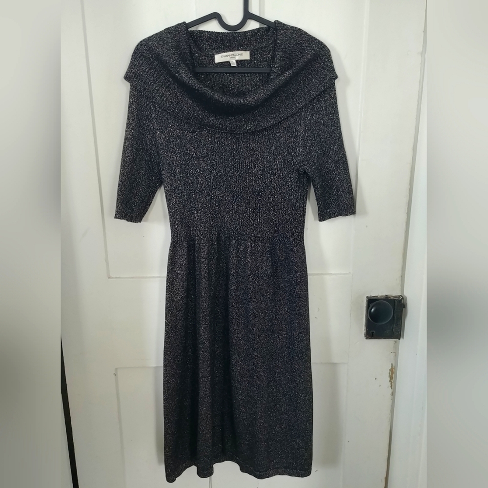 Evan-Picone Women's Cowl Neck 1/2 Sleeve Black & Silver Dress Size XL